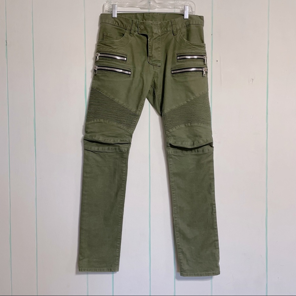 Balmain Army Green Moto Jeans 30 Waist